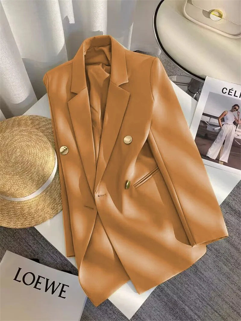 Women's Elegant Metal Buckle White Suit Jacket Casual Office Lady Blazer High-end Feel Western-style Clothes Spring Autumn 2025