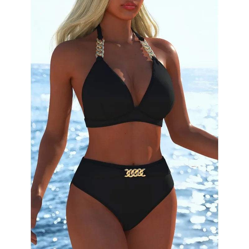 Women Black Metal Chain Halter Bikini Set 2026 New Triangle High Waist Bikini Two Piece Swimwear Summer Beach Split Bathing Suit