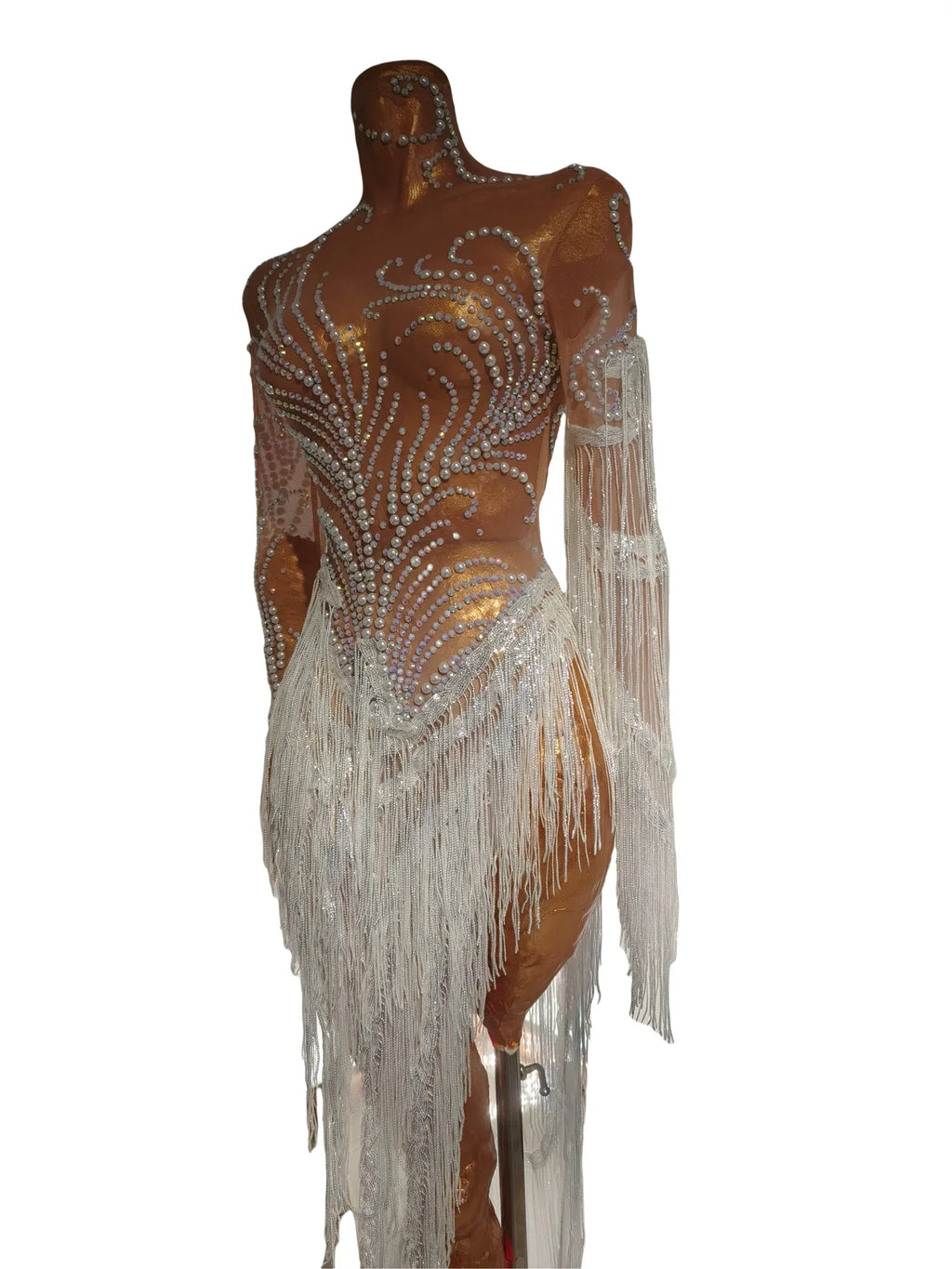 Silver Rhinestone Pearl Fringe Long Dress Birthday Celebrate Transparent Dresses Women Dancer Ballroom Dresses Competition