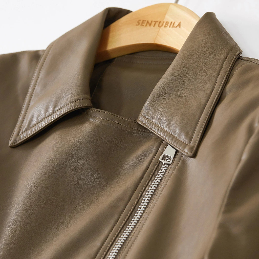 SENTUBILA Cropped Pu Leather Bomber Jacket Women 2026 Autumn Winter Vintage Lapel Zip Up Faux Leather Jacket Motorcycle Coats