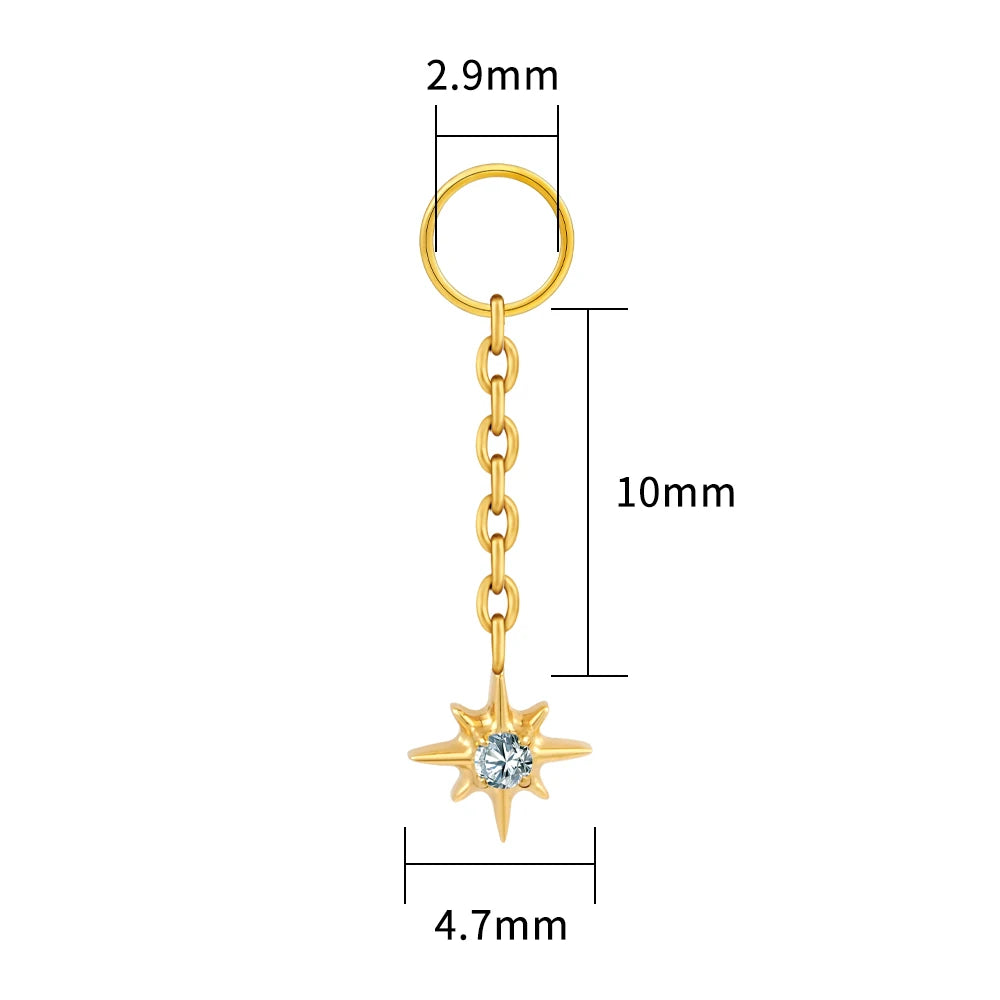 Right Grand ASTM F136 Titanium Dangle Star Charm Earring Drop Chain Celestial Cartilage Helix Lobe Conch Clicker Connector