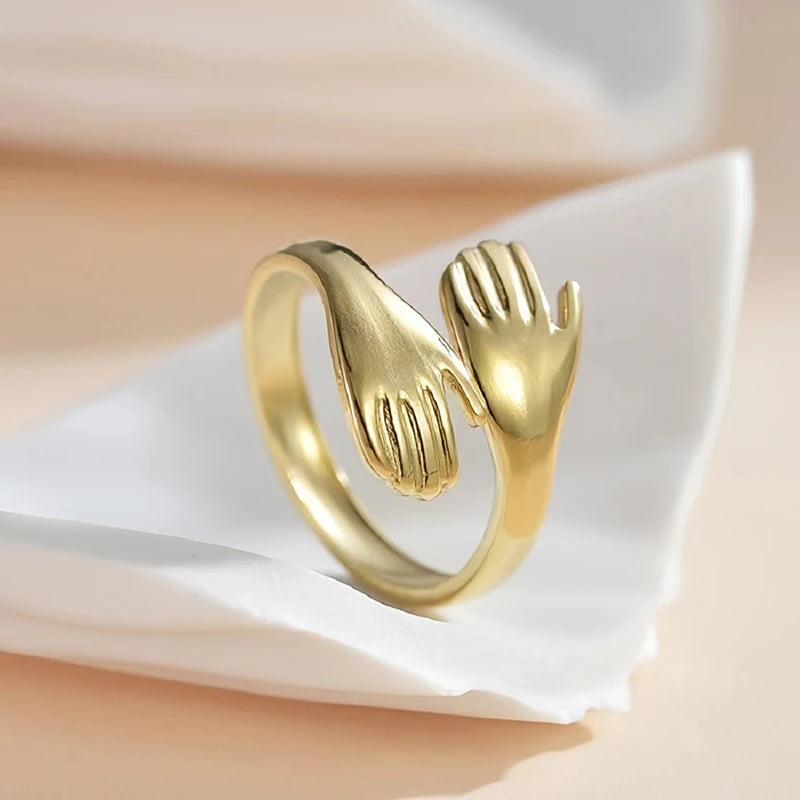 Huitan Adjustable Open Hug Rings Gold Color Hands Embrace Finger Ring Romantic Love Promise Jewelry Gift for Women Drop Shipping