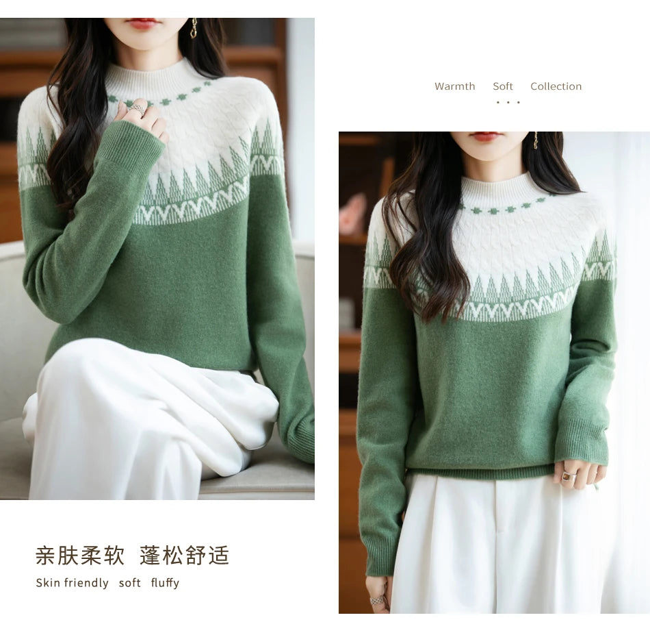 Autumn/Winter New Half High Neck Sweater 100% Wool Knitted Vintage Loose Fit Christmas Red Sweaters Chic Streetwear for Women