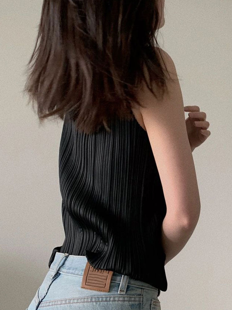Miyake Pleated Elegant Fashion Temperament Solid Color Half High Neck Sleeveless Women's Vest 2026 Summer New Breathable Top