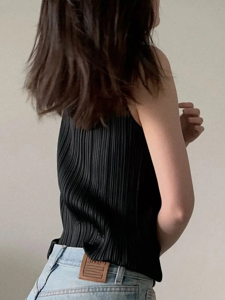 Miyake Pleated Elegant Fashion Temperament Solid Color Half High Neck Sleeveless Women's Vest 2026 Summer New Breathable Top