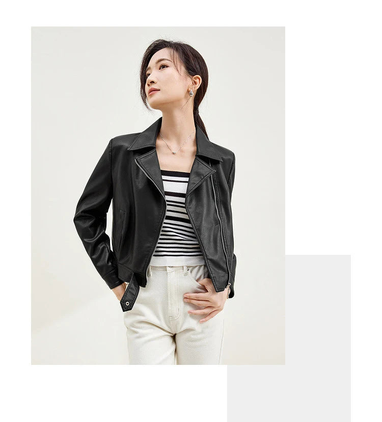 SENTUBILA Cropped Pu Leather Bomber Jacket Women 2026 Autumn Winter Vintage Lapel Zip Up Faux Leather Jacket Motorcycle Coats
