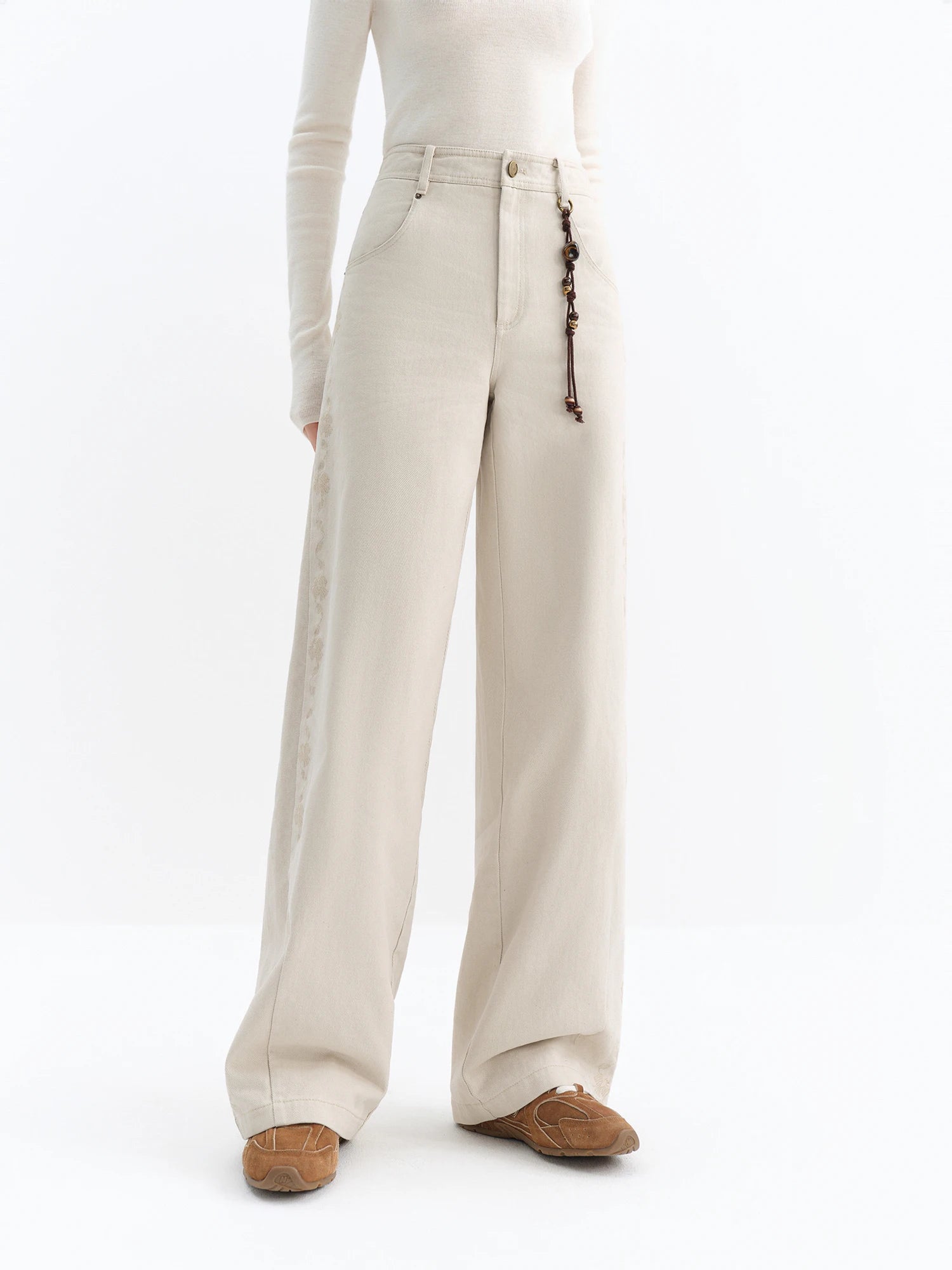 FSLE 2025 Winter Women's Vintage Washed Embroidered Banana Jeans Curved High Waist Wide Leg Trousers Slim Fit Retro Pants