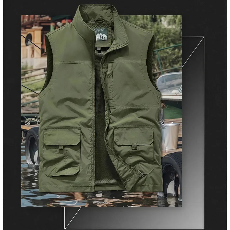 Sleeveless Vest, Men's Outdoor Casual Loose Plus-Size Waistcoat Multi-Pocket Vest Stand-Up Collar Photography Vest