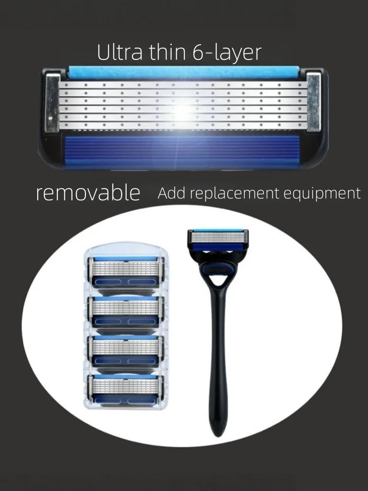 NEW Men's manual razor safety razor 6-layer stainless steel hair removal knife, replaceable razor head, razor tools.