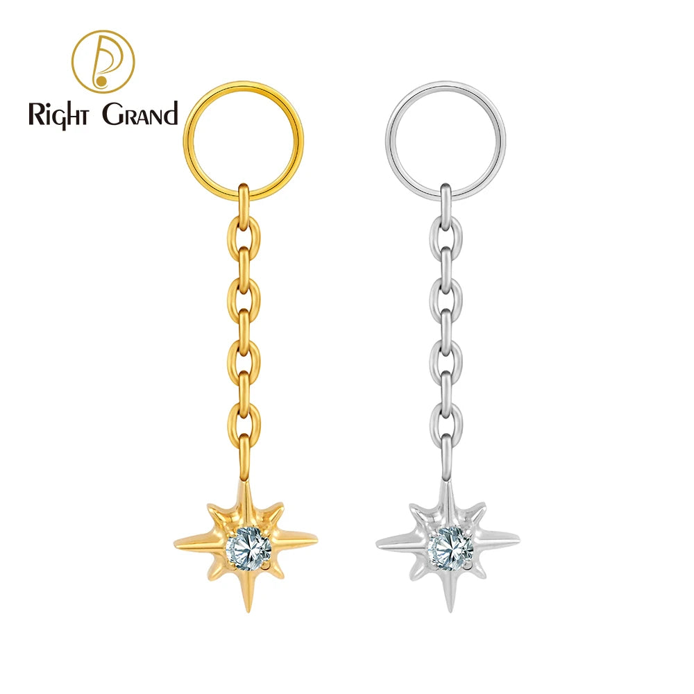 Right Grand ASTM F136 Titanium Dangle Star Charm Earring Drop Chain Celestial Cartilage Helix Lobe Conch Clicker Connector