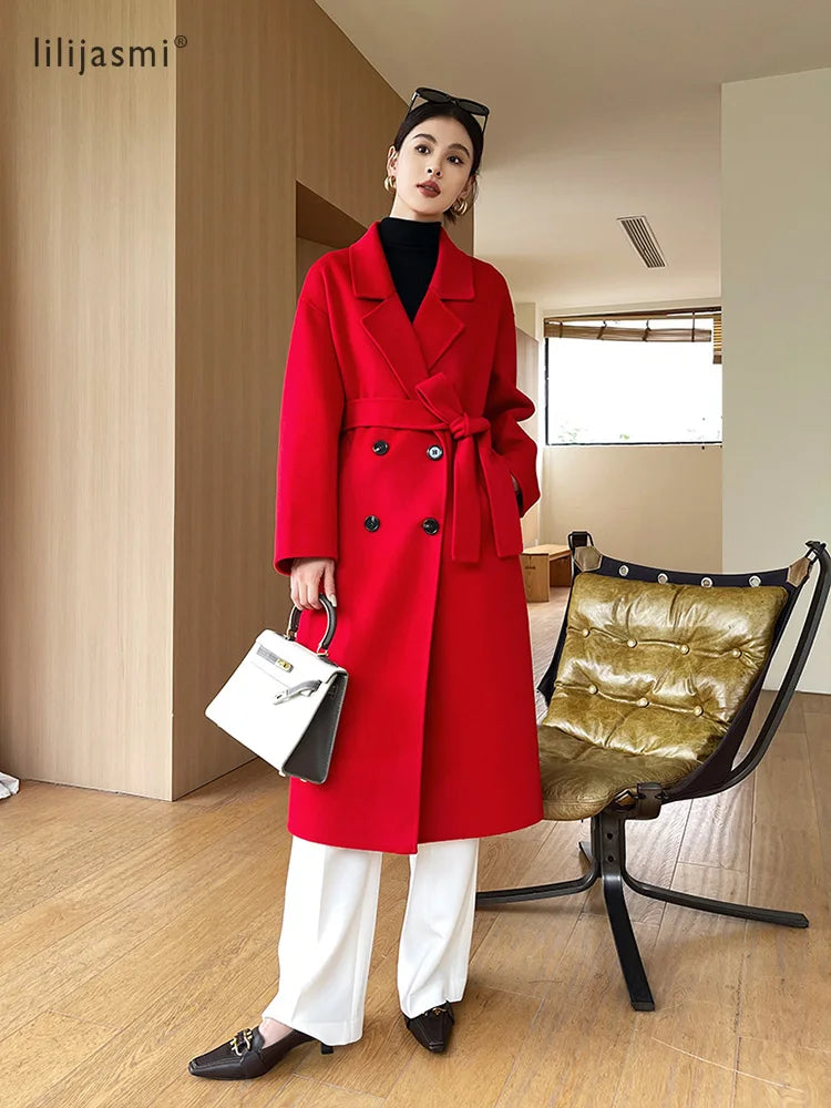 Notch Lapel Wool Coat Drop-Shoulder Women 100% Wool Loose Overcoat Double-Layers Autumn Winter Long Jacket Thick Trench Coat #24