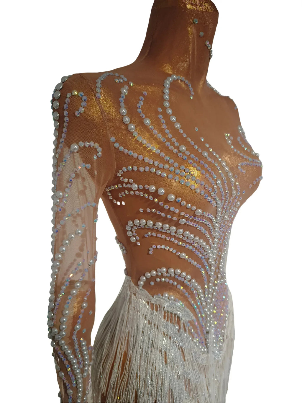 Silver Rhinestone Pearl Fringe Long Dress Birthday Celebrate Transparent Dresses Women Dancer Ballroom Dresses Competition