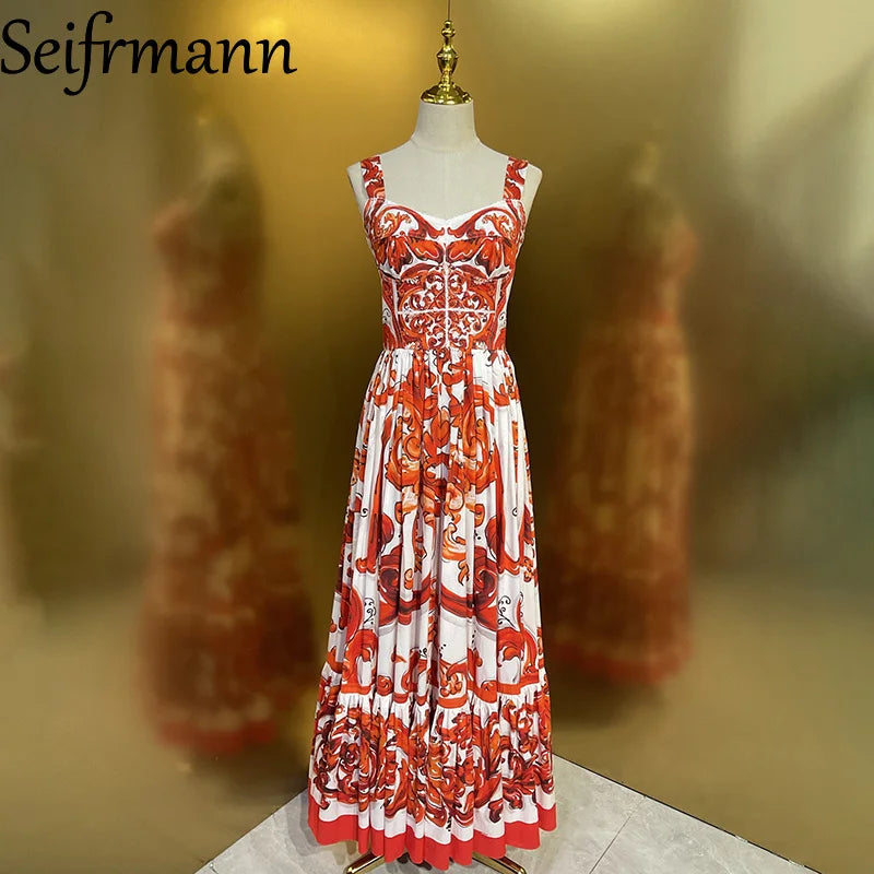 Seifrmann Summer Women's clothing New Fashionable Suspenders Cotton Printed Waist cinching Long Dress