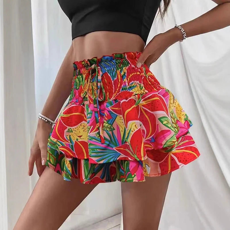 Fashion Florals Mini Skirt for Women Summer Casual Waist Shaping Ruffled Hem Short Skirt Woman Drawstring Wide Leg Half Skirts
