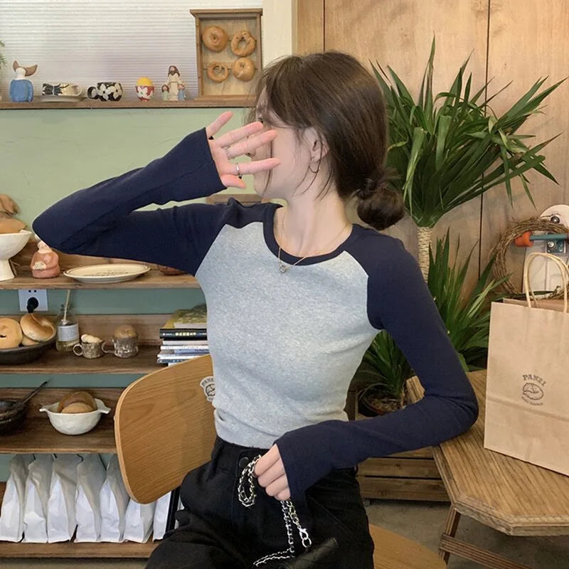 Ribbed Long Sleeve T-Shirt Women's Spring Autumn Thin Style Raglan Sleeve Slim Fit Round Neck Fashionable Underwear Top Wear