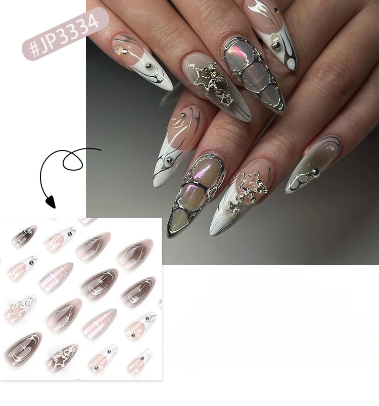24Pcs Y2k Almond Acrylic Nails Full Cover 3D Diamond Black Nail Art Sweet Cool French Wearable Fake Nail Manicure Tips for Girls