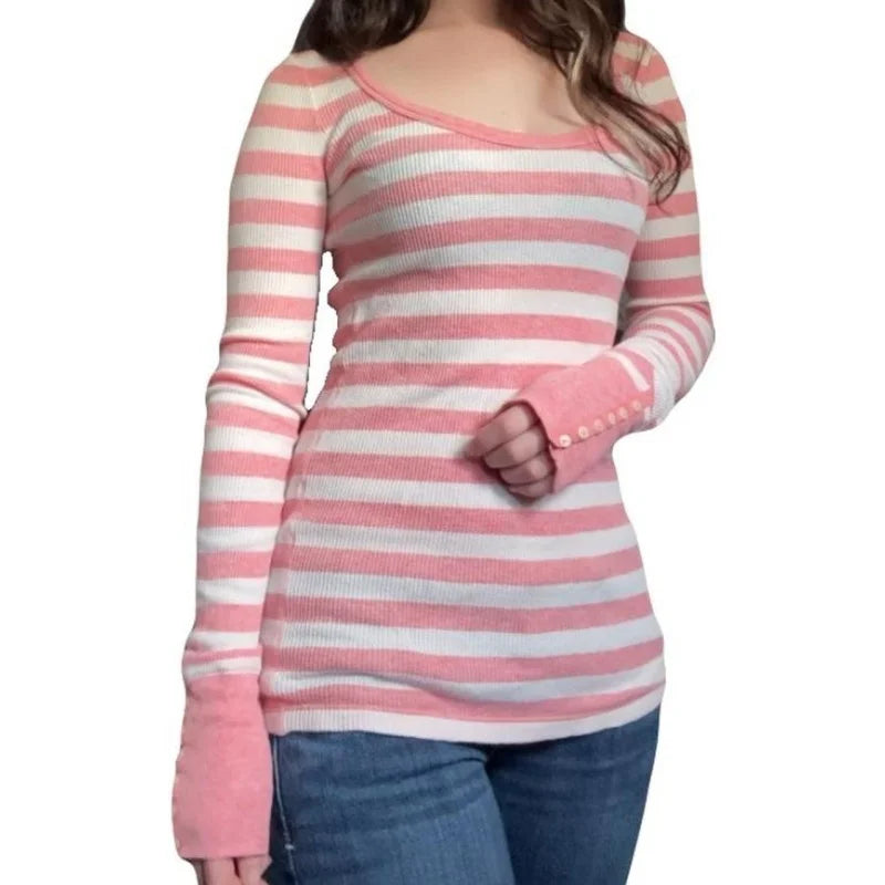 Women Y2K Harajuku Striped Tees Shirt Retro Aesthetic 90s E Girls Grunge Gothic Knitted Casual Fashion Long Sleeve Tops ﻿Street