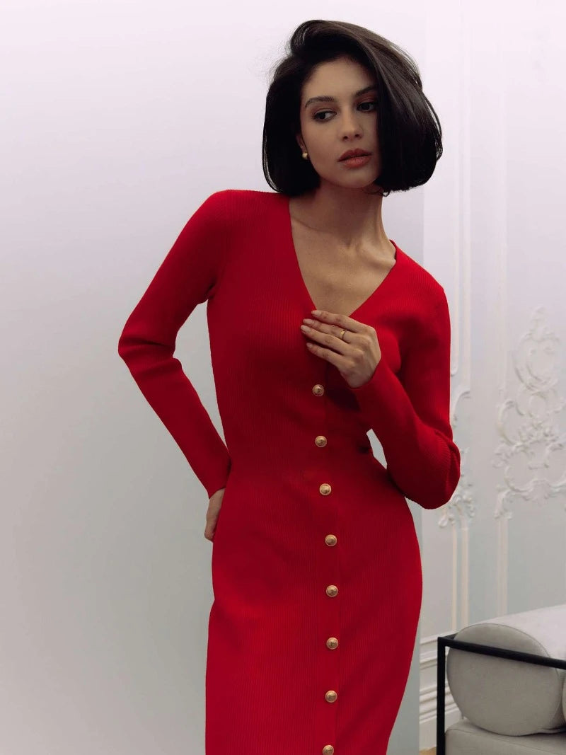 Trendix Elegant Evening Dress Women V Neck Long Sleeve Patchwork Button Slit Sweater Dresses 2024 Autumn Winter Knit Maxi Dress