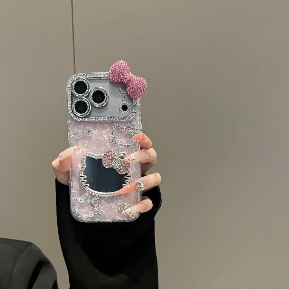 3D Cute Cartoon Sanrio Hello Kitty Glitter Phone Case for IPhone 17 16 15 14 13 12 Pro Max Shockproof Hard Makeup Mirror Cover