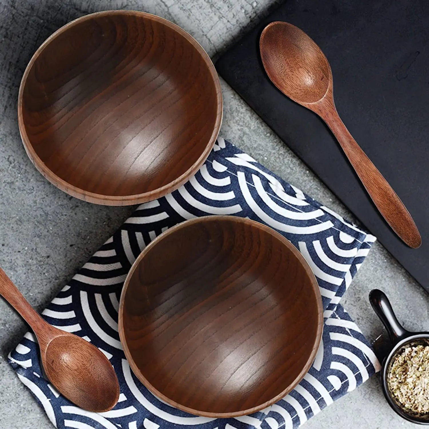 4 Pieces Brown Polished Bamboo Handmade Vintage Bowl and Spoon Set for Party Rice Serving Home Kitchen Tableware CHWB011