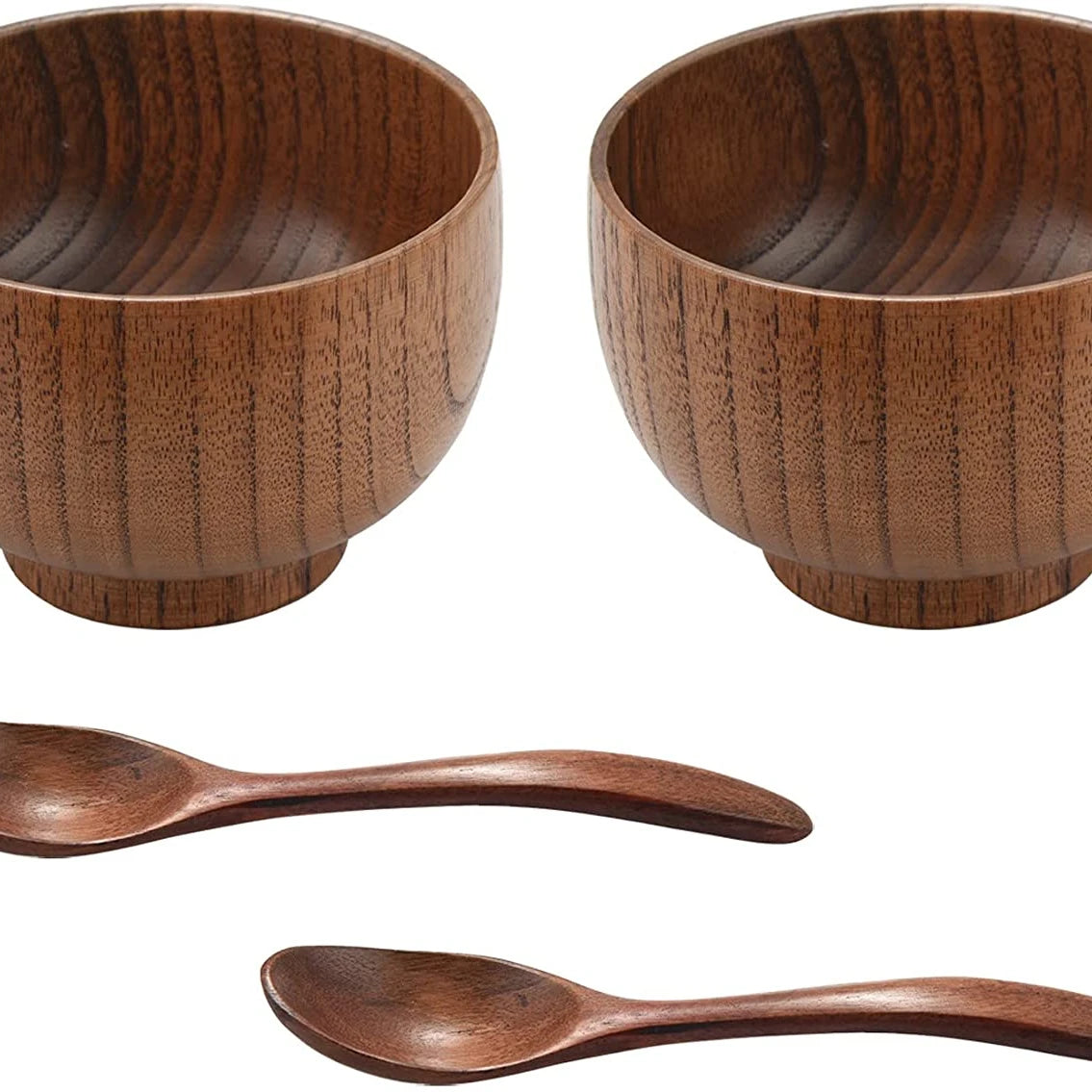 4 Pieces Brown Polished Bamboo Handmade Vintage Bowl and Spoon Set for Party Rice Serving Home Kitchen Tableware CHWB011
