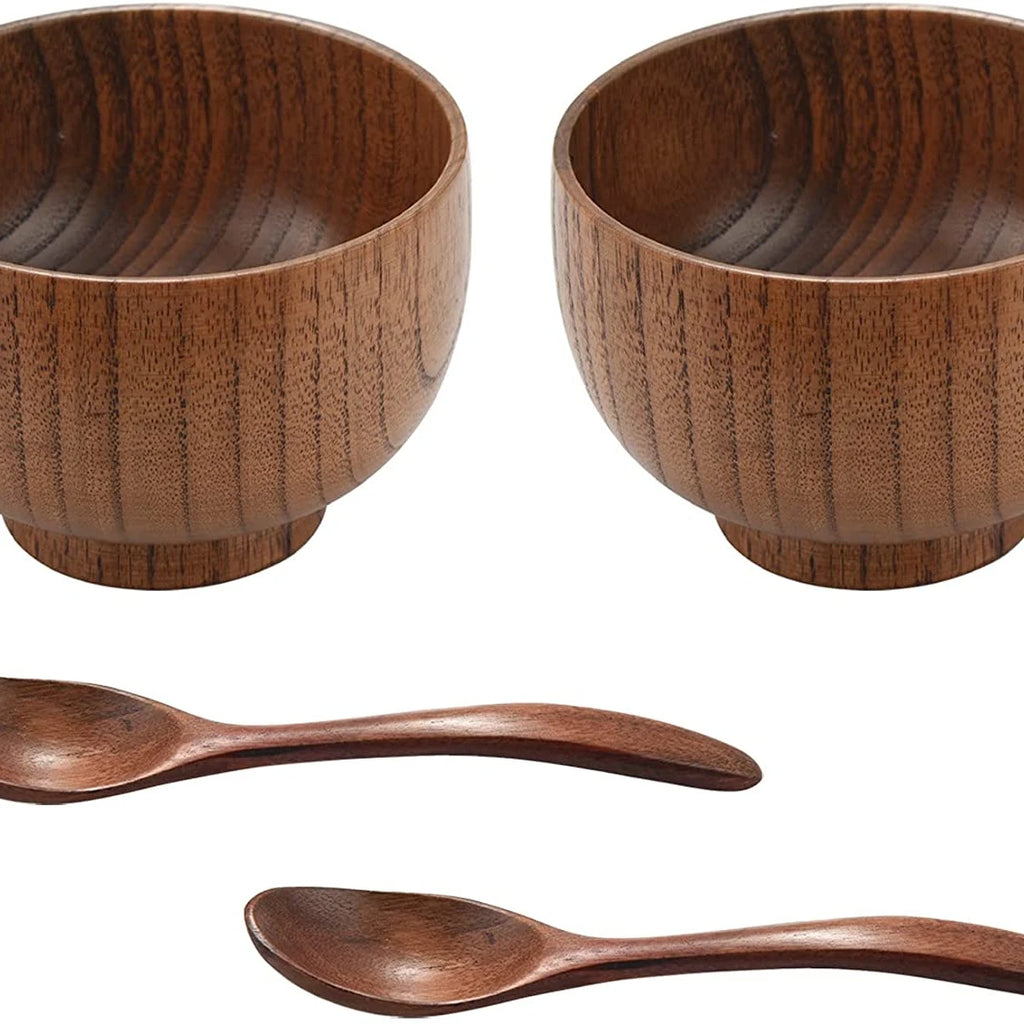 4 Pieces Brown Polished Bamboo Handmade Vintage Bowl and Spoon Set for Party Rice Serving Home Kitchen Tableware CHWB011