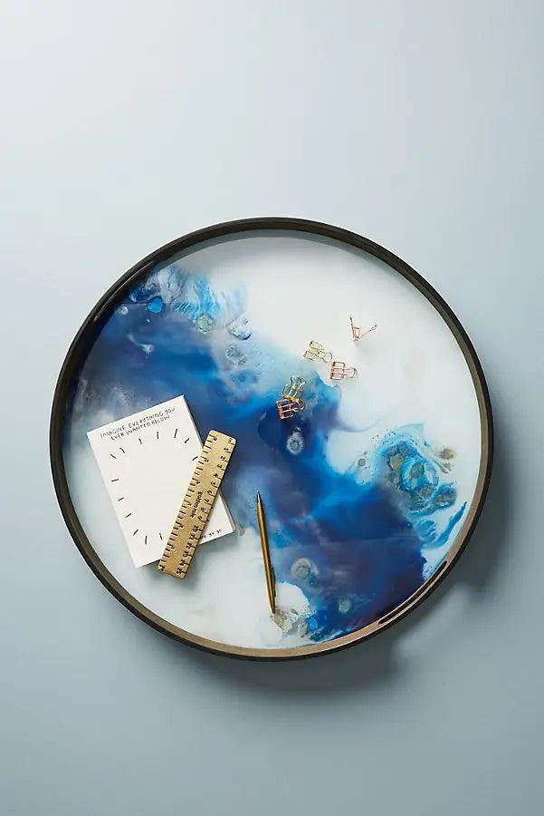 New Design Art Deco Metal Round Tray with Glass Mirror for Weddings Ramadan Diwali-Multi-Functional Serving Tray