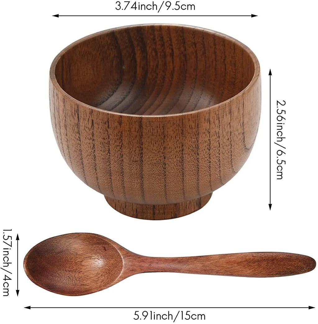 4 Pieces Brown Polished Bamboo Handmade Vintage Bowl and Spoon Set for Party Rice Serving Home Kitchen Tableware CHWB011